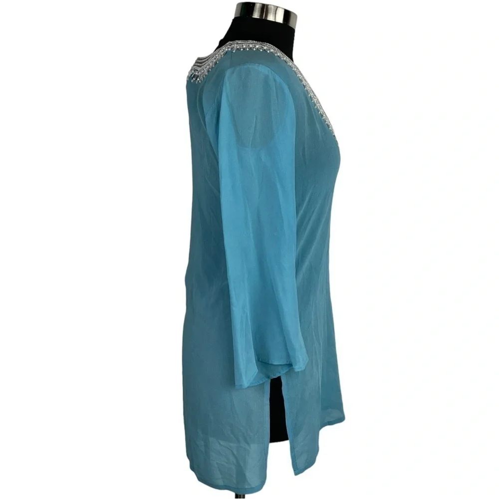 TAJ BY SABRINA CRIPPA SHEER BEADED SILK V-NECK TUNIC SWIM COVER UP - Picture 4 of 14